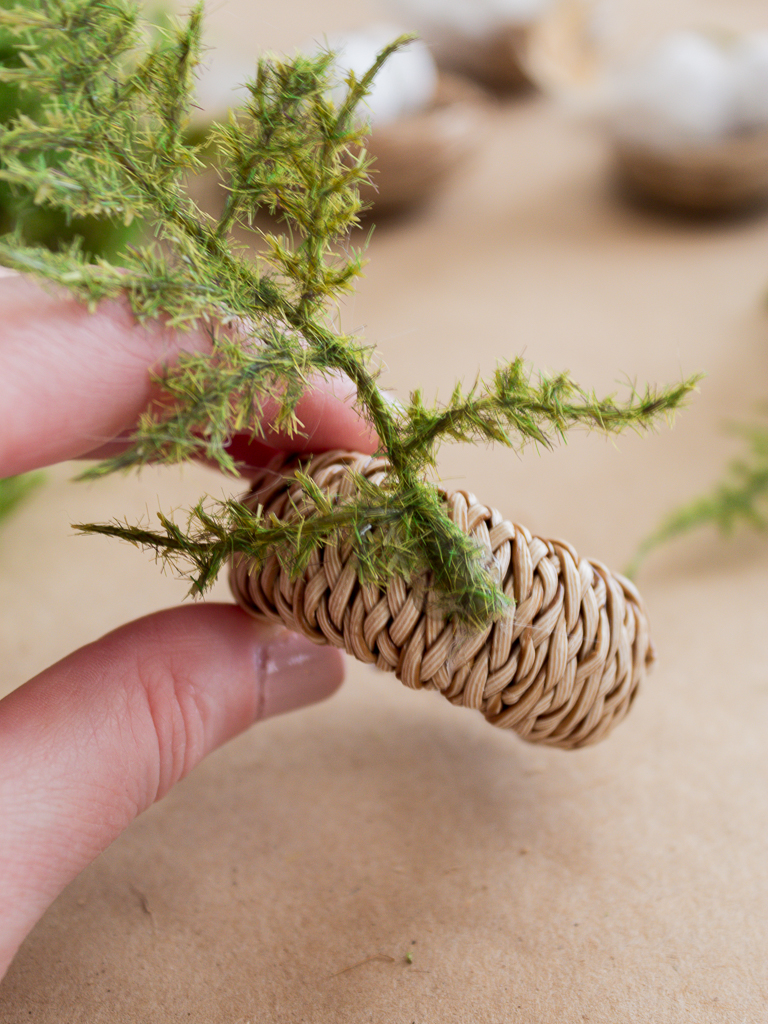 Gluing Artificial Asparagus Fern Leaves onto a Rattan Napkin Ring