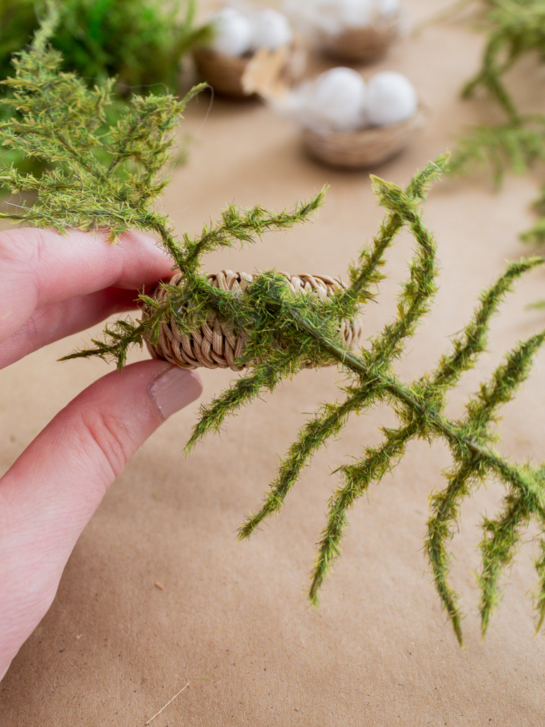 Gluing Artificial Asparagus Fern Leaves onto a Rattan Napkin Ring