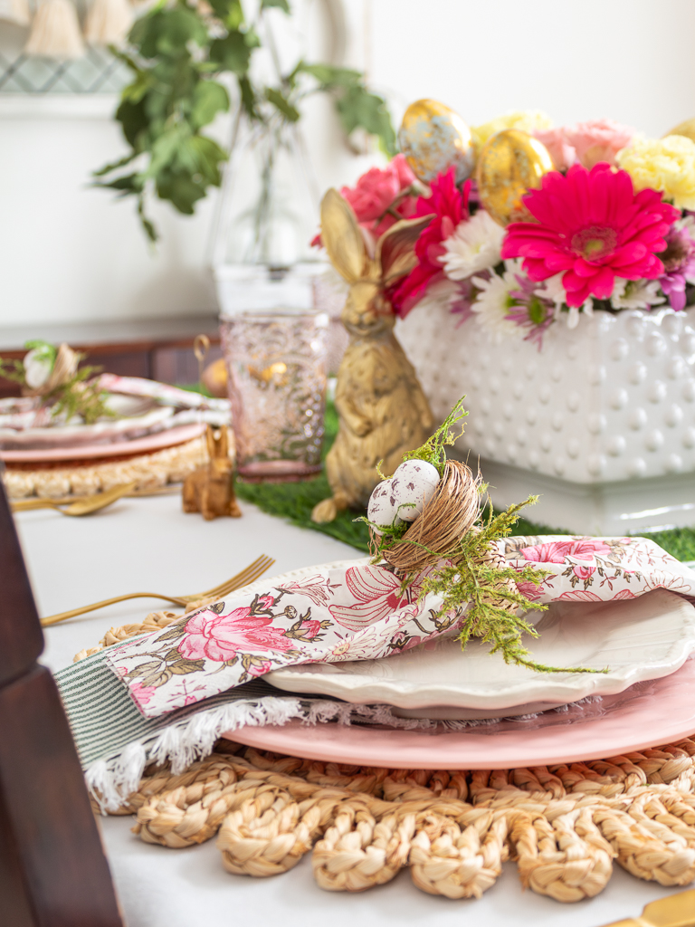 DIY Easter Napkin Ring with Floral Napkin Styled on a Pink and White Place Setting 