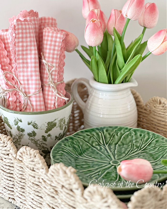 Pink tulips with Green Decor Simple Vignette Decorating Ideas for Spring - Calypso in the Country - Week in Rewind Volume 77 