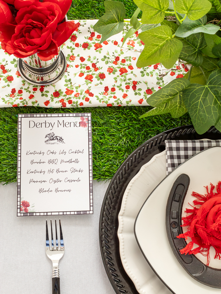 Overhead view of free printable menu card for a Kentucky Derby party 