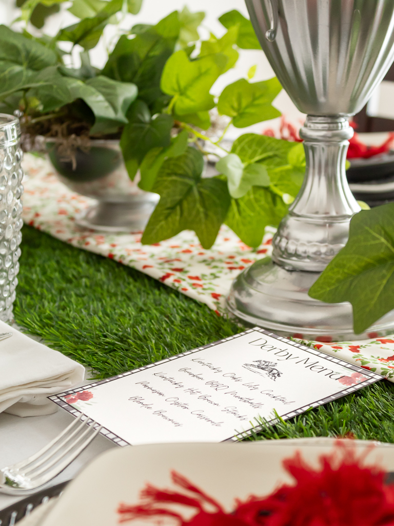 Close up view of free printable menu card for a Kentucky Derby party 