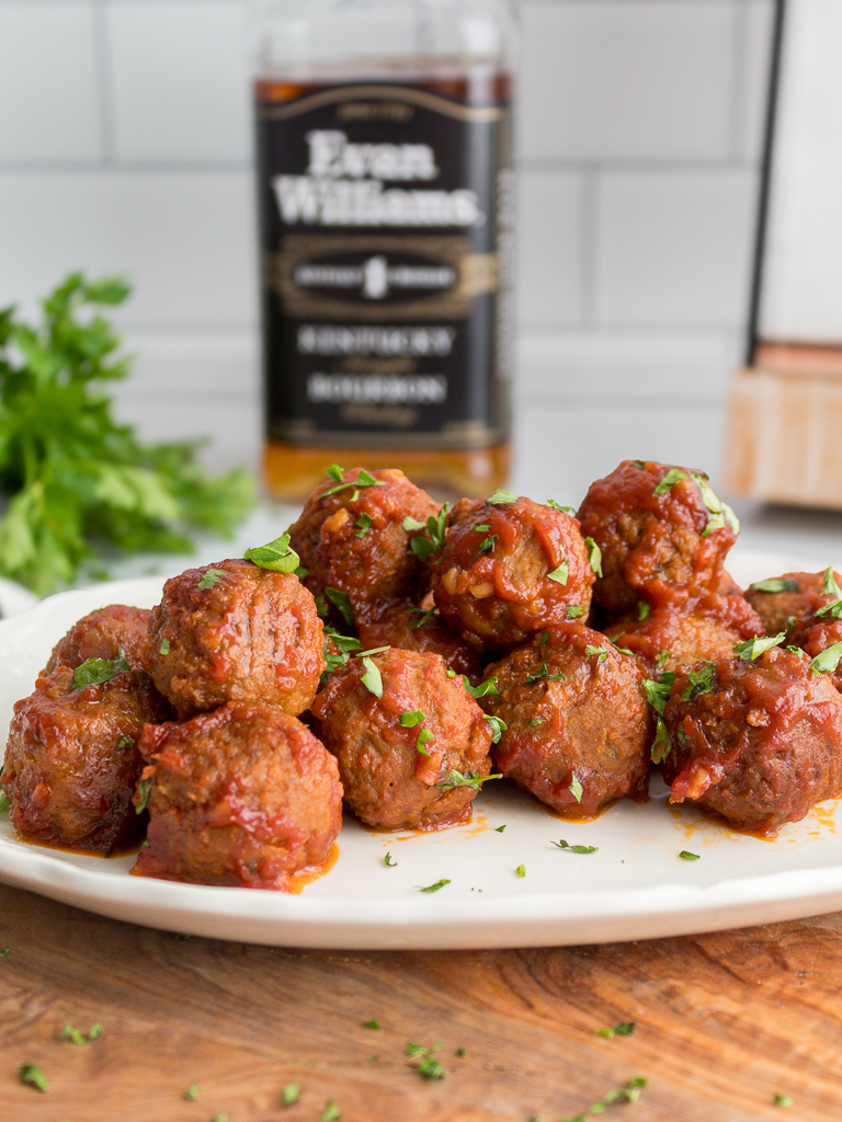 Crockpot Bourbon Meatballs plated on display