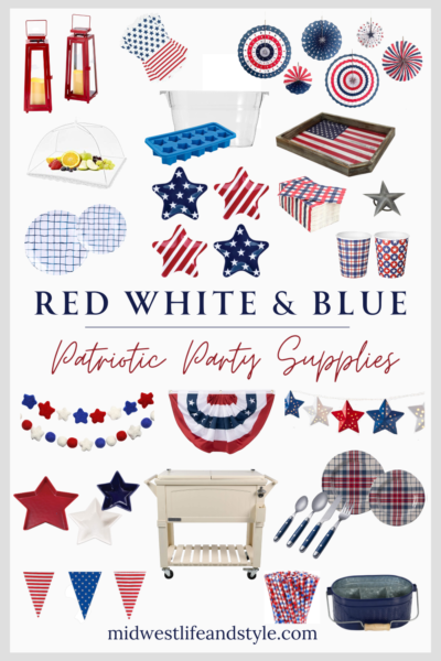 Collage of red, white, and blue patriotic party decorations