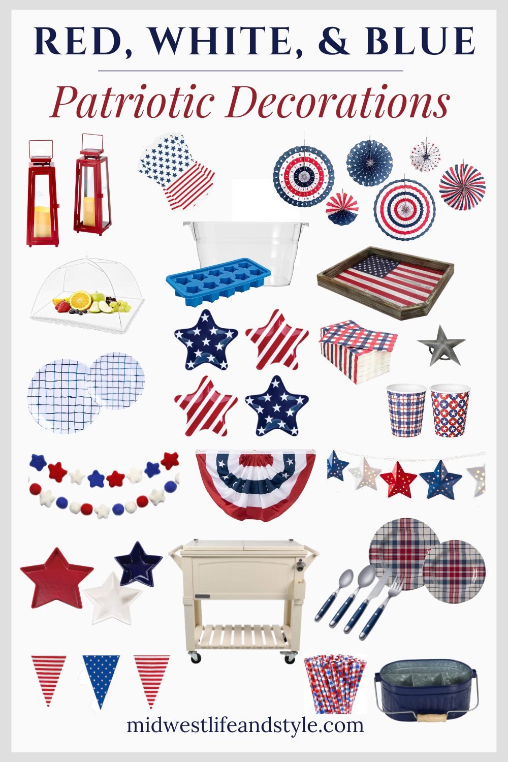 Collage of red, white, and blue patriotic party decorations