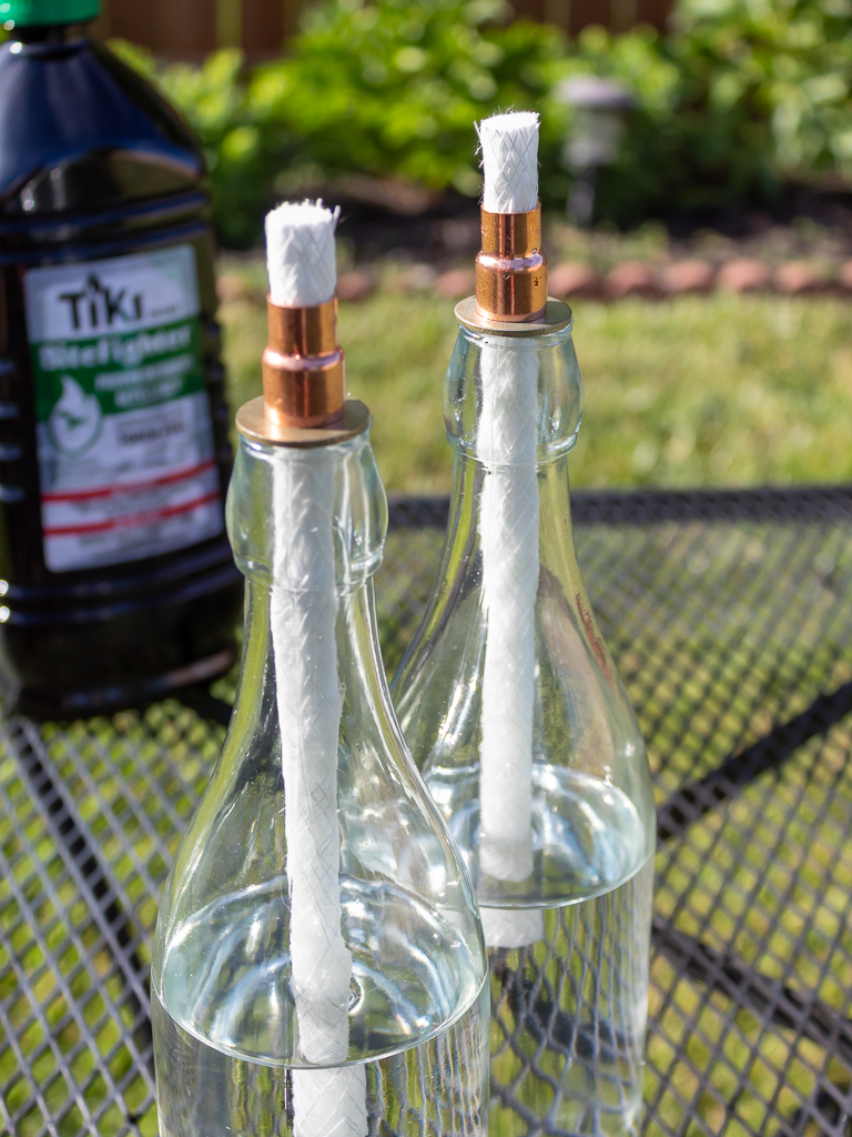 Assembled DIY wine bottle tabletop torches