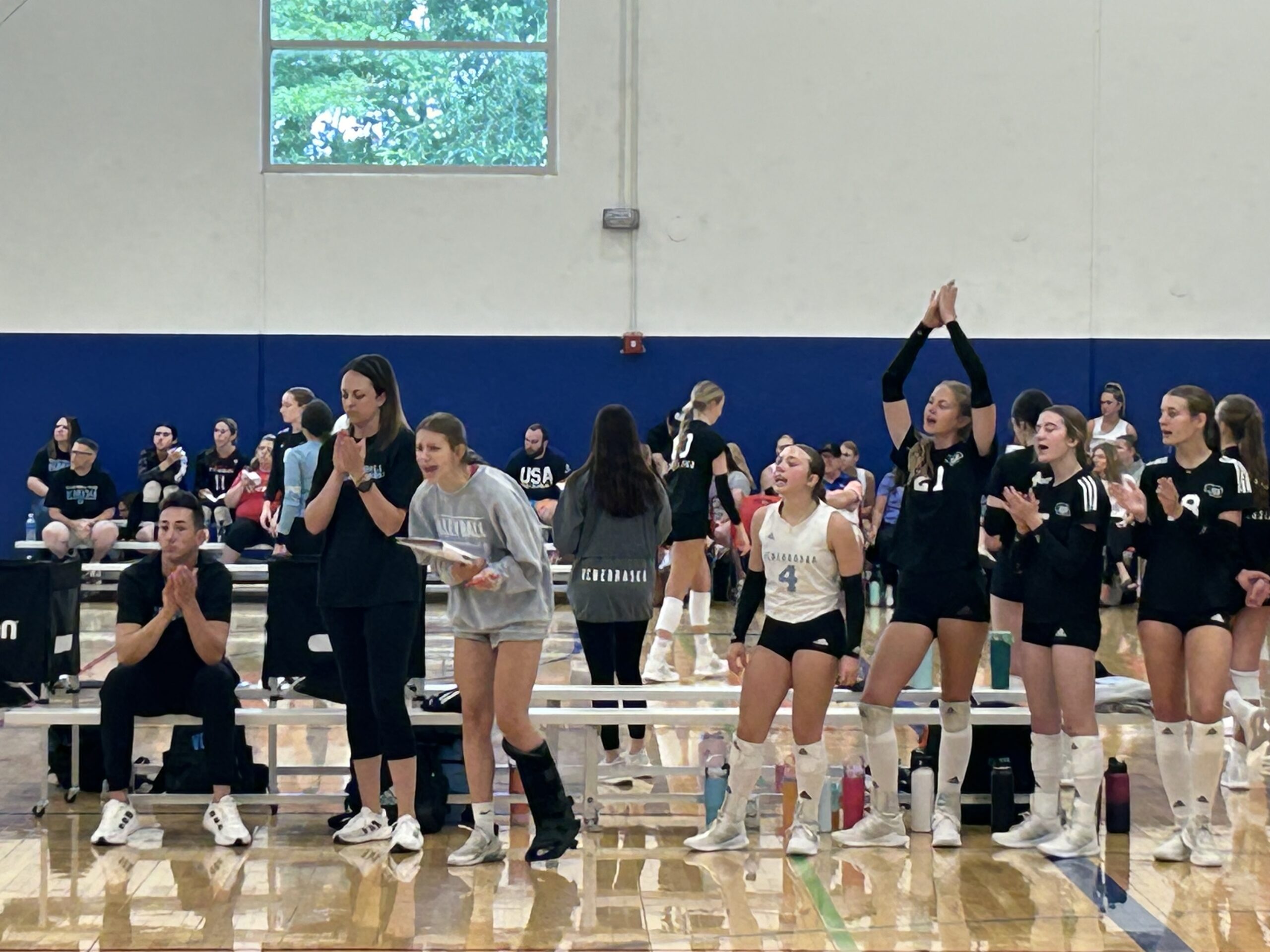 volleyball team cheering on the sideline