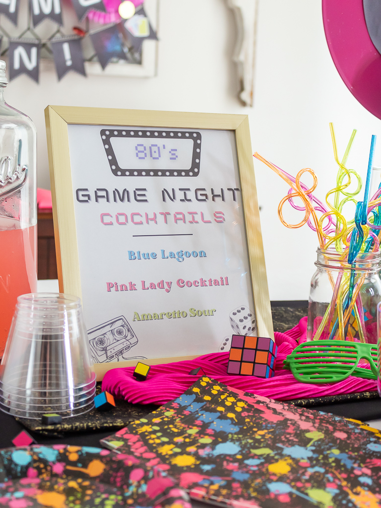 Cocktail menu for an 80s themed adults game night party