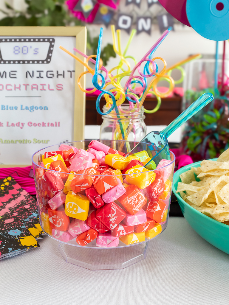 Bowl of Starburst candy on a food buffet for game night