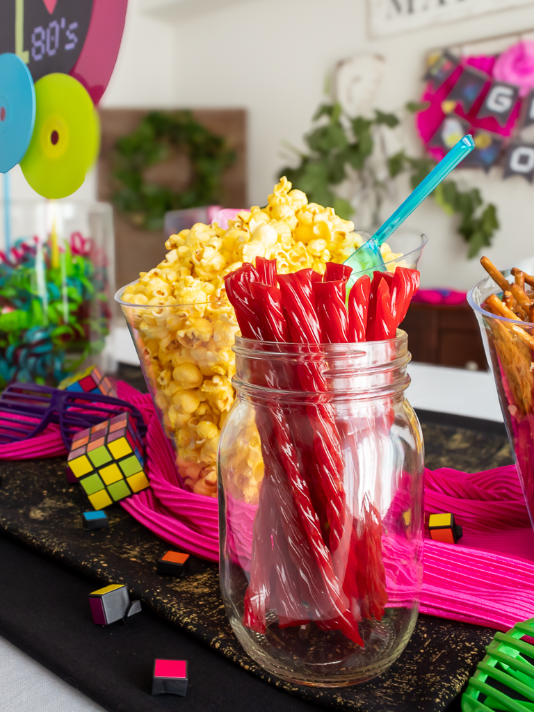 Jar filled with twizzlers for a snack table 