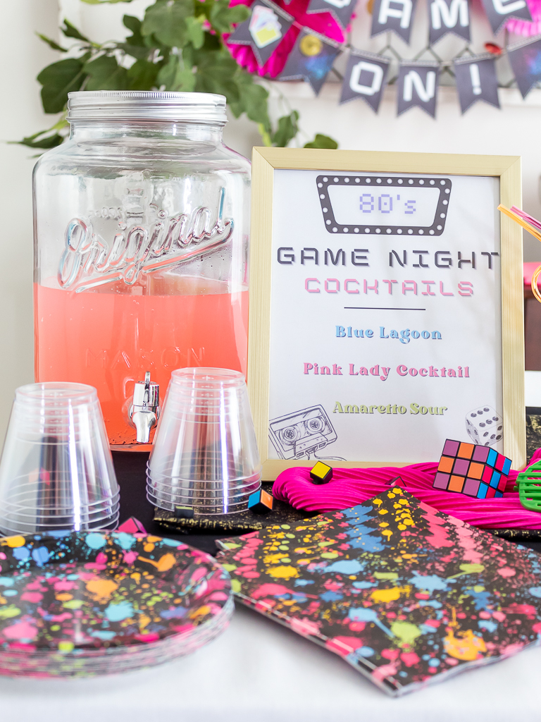 Cocktail menu for an 80s themed adults game night party