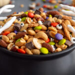 Close up of Halloween Monster Munch Trail Mix with candy eye sprinkles and skeleton hand serving utensils in a caldron bowl