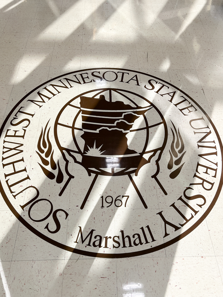 SMSU seal on the floor of the campus student center 