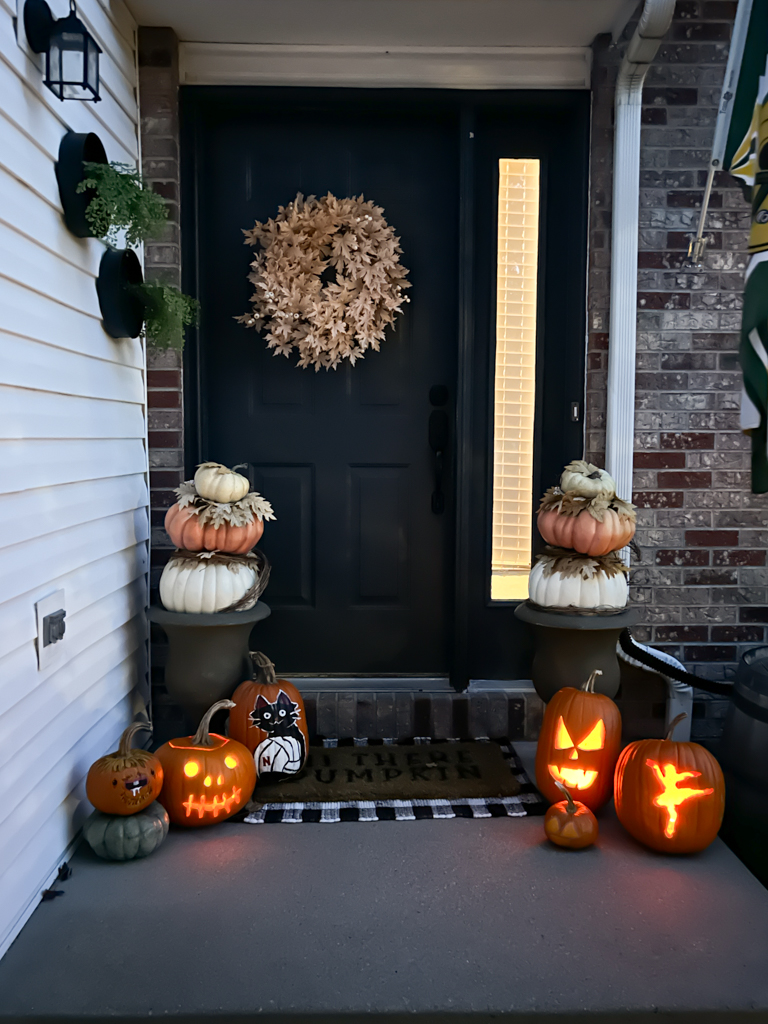 Porch decorated for Halloween with carved pumpkins