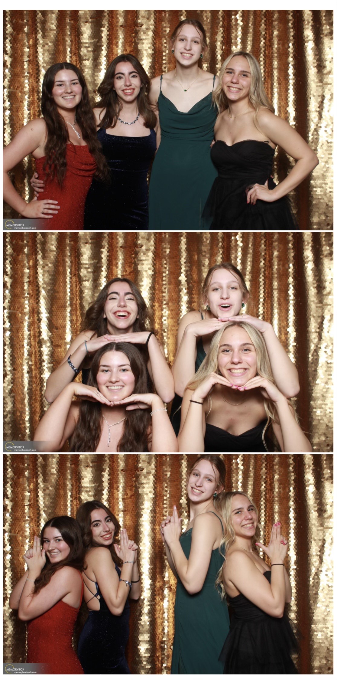 Film strip of photos from friends dressed up for winer formal