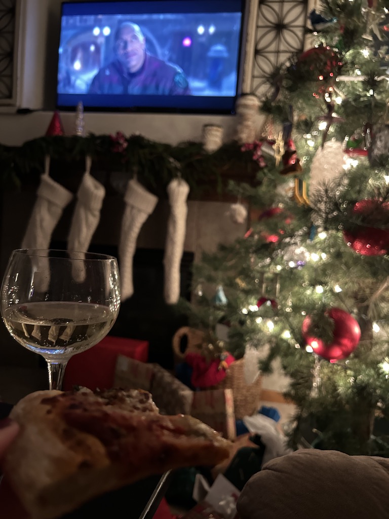 Pizza and wine and a Christmas movie