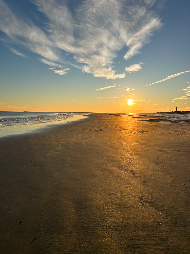 The beach at sunset with snow near Charleston, SC